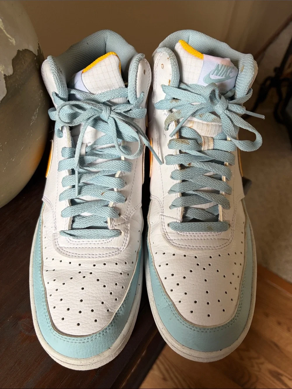 Nike White, Light Blue and Yellow High-Top Athletic Sneakers